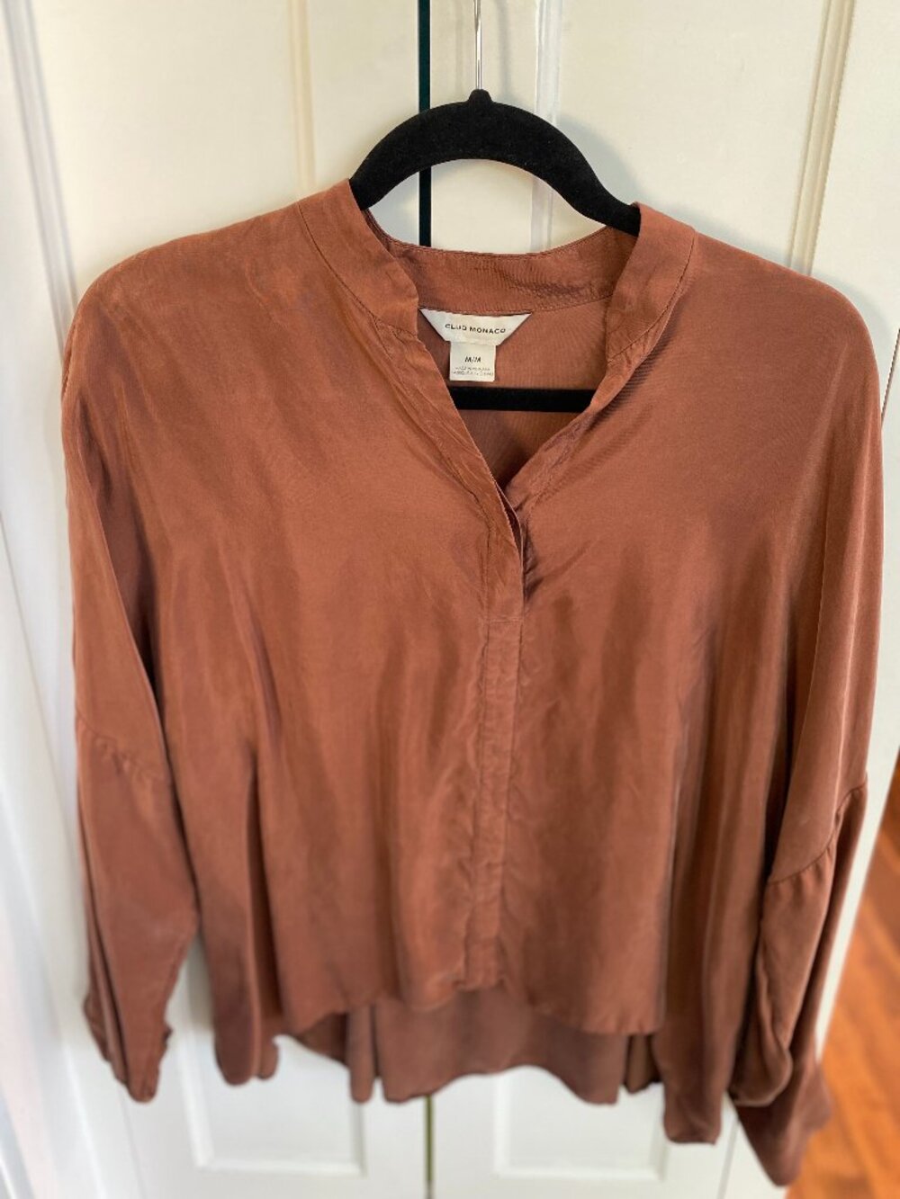 Club Monaco Chocolate Brown Tunic Blouse Medium Buttery Soft Luxe Minimalist Top